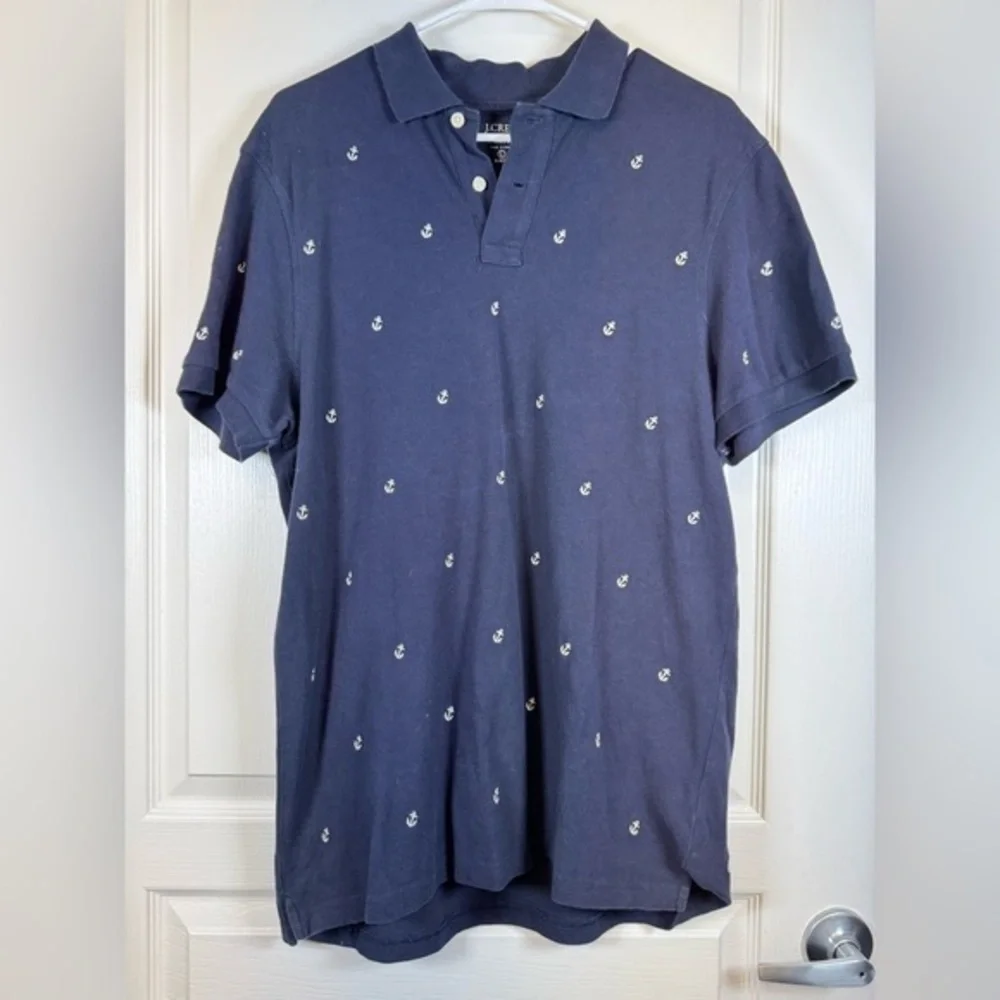 J Crew Navy Blue Pique Polo Naval Anchors Size Large EUC #5525